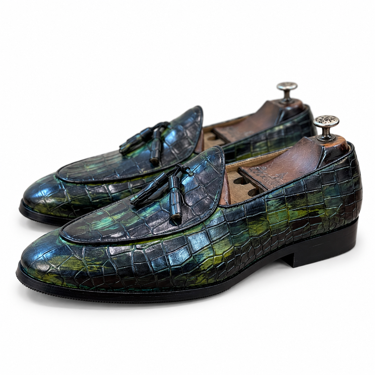 Verdant Noir Croco Tassel Loafers