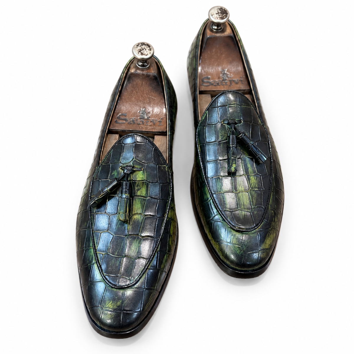 Verdant Noir Croco Tassel Loafers