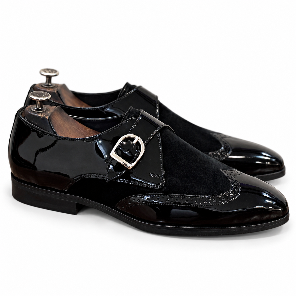 Noir Éclat – Black Patent Leather Monk Strap Brogue