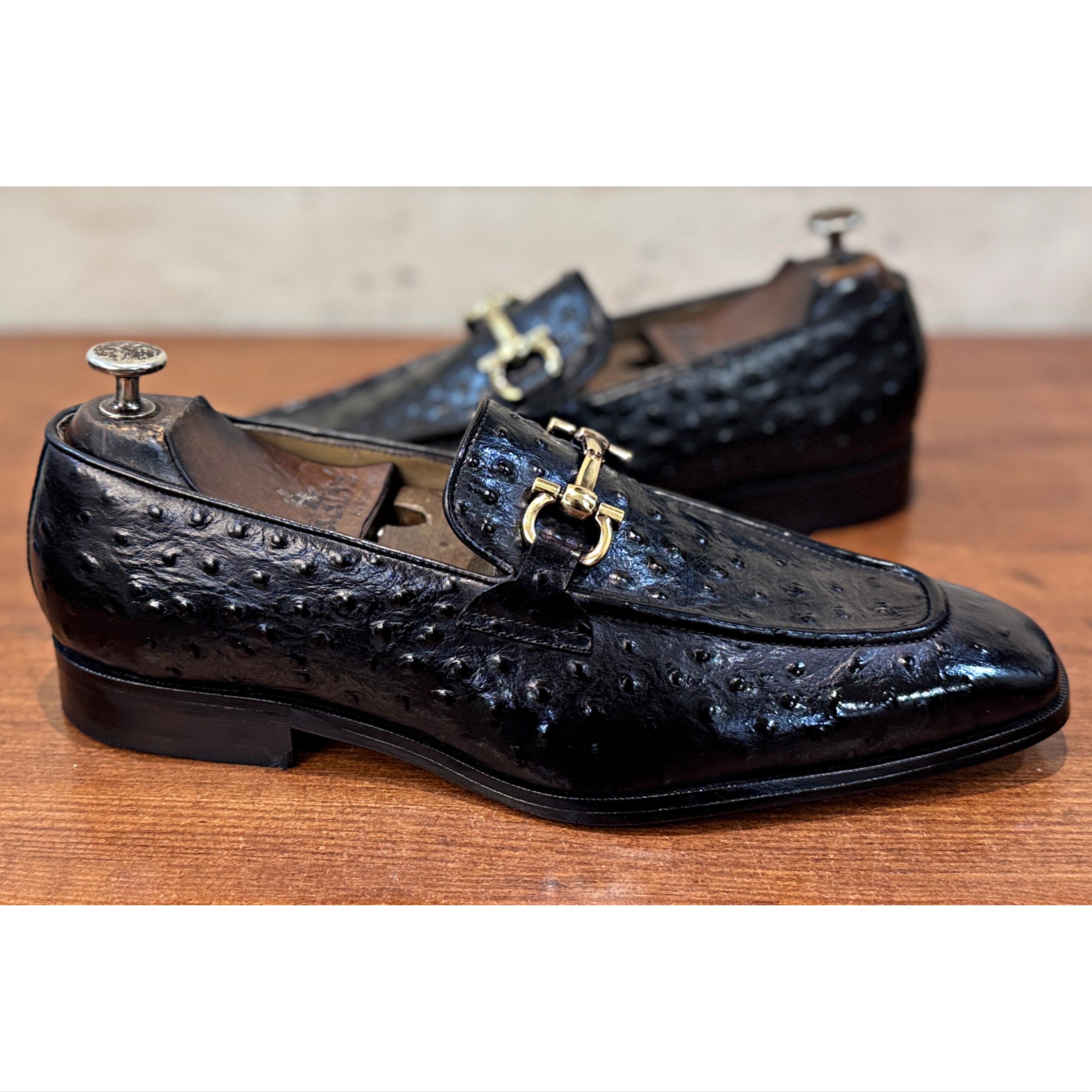 Men’s Black Ostrich-Embossed Leather Horsebit Loafers – Luxury Slip-On Formal Shoes