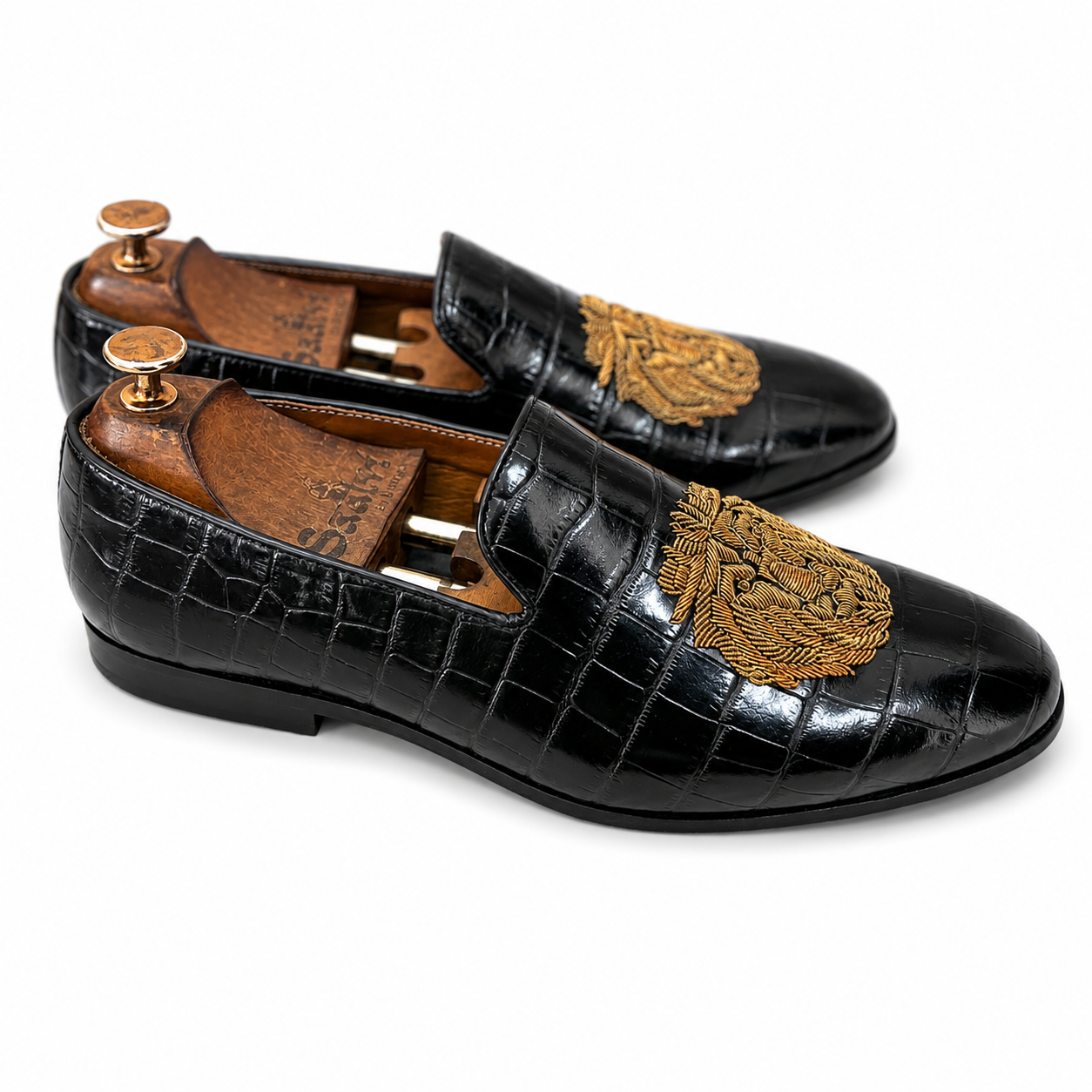 Black Croco Lion Zardosi Slipons
