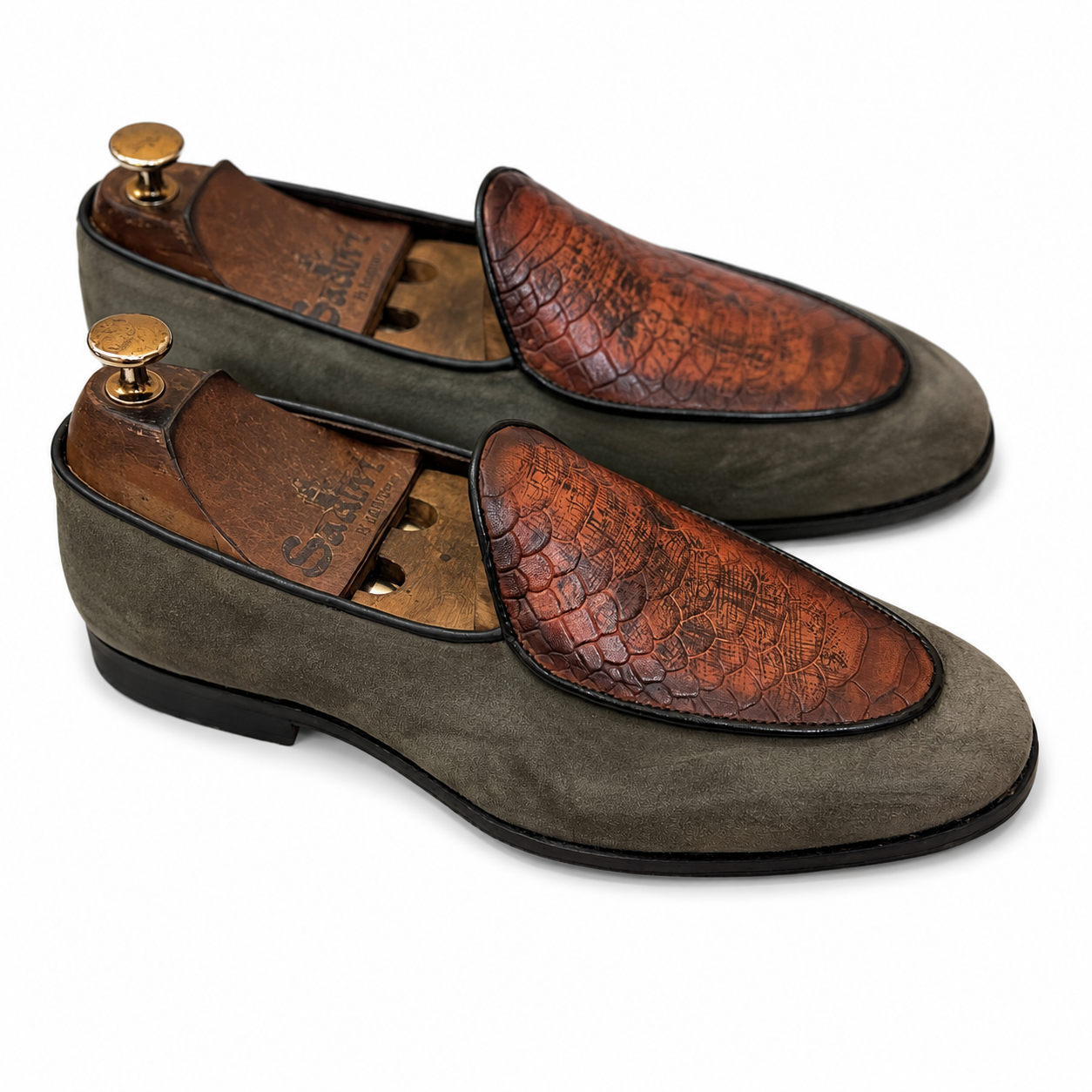 Ashford Belgian Loafers – Grey Suede & Croco Leather
