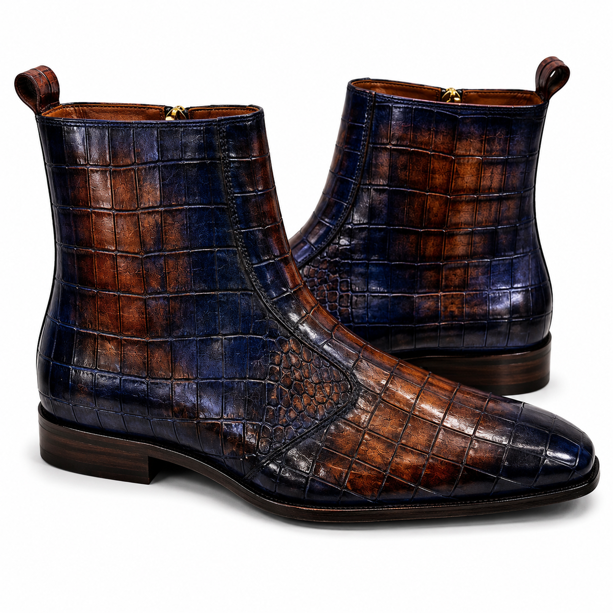 Midnight Ember Croco Patina Leather Ankle Boots