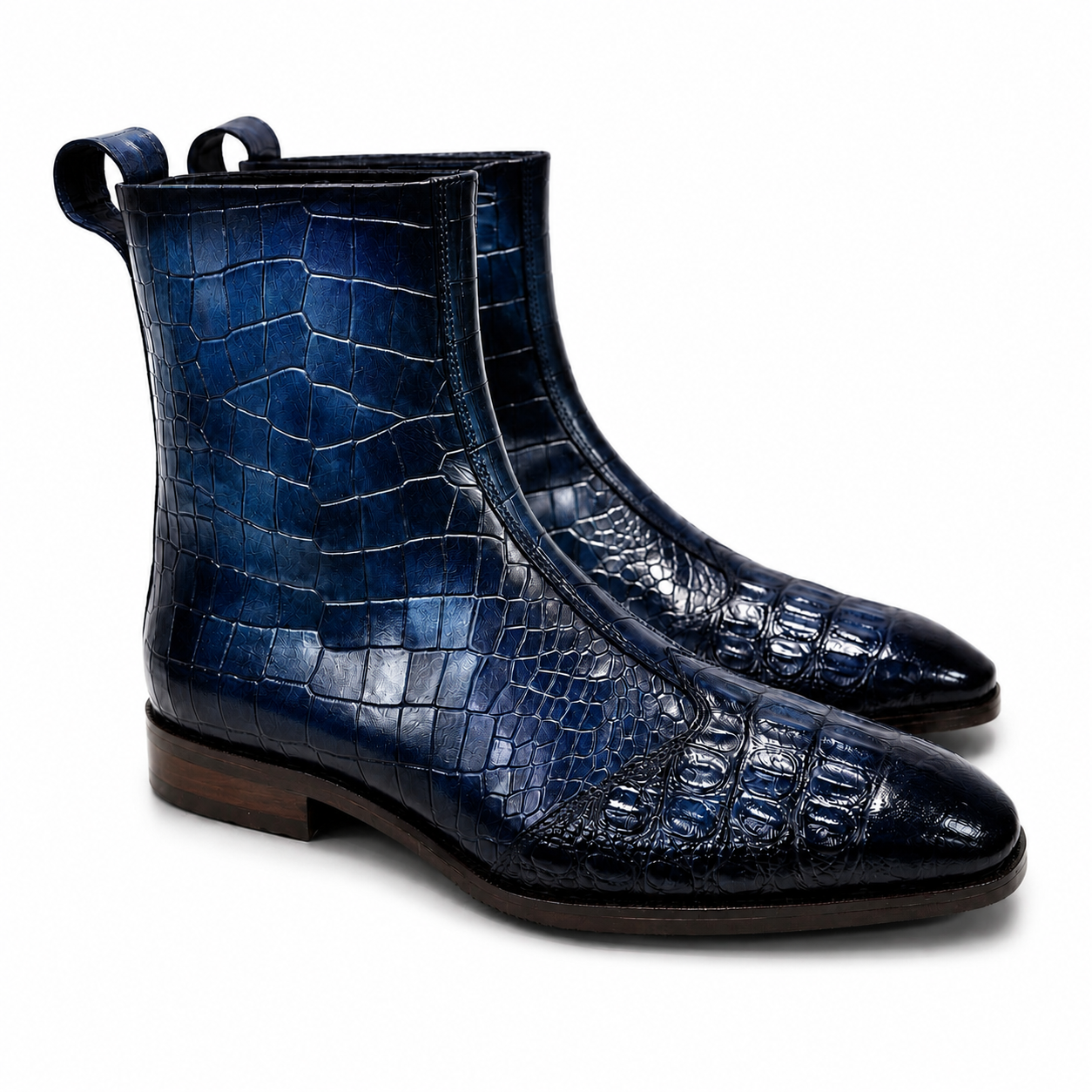 Midnight Navy Croc-Embossed Leather Chelsea Boots