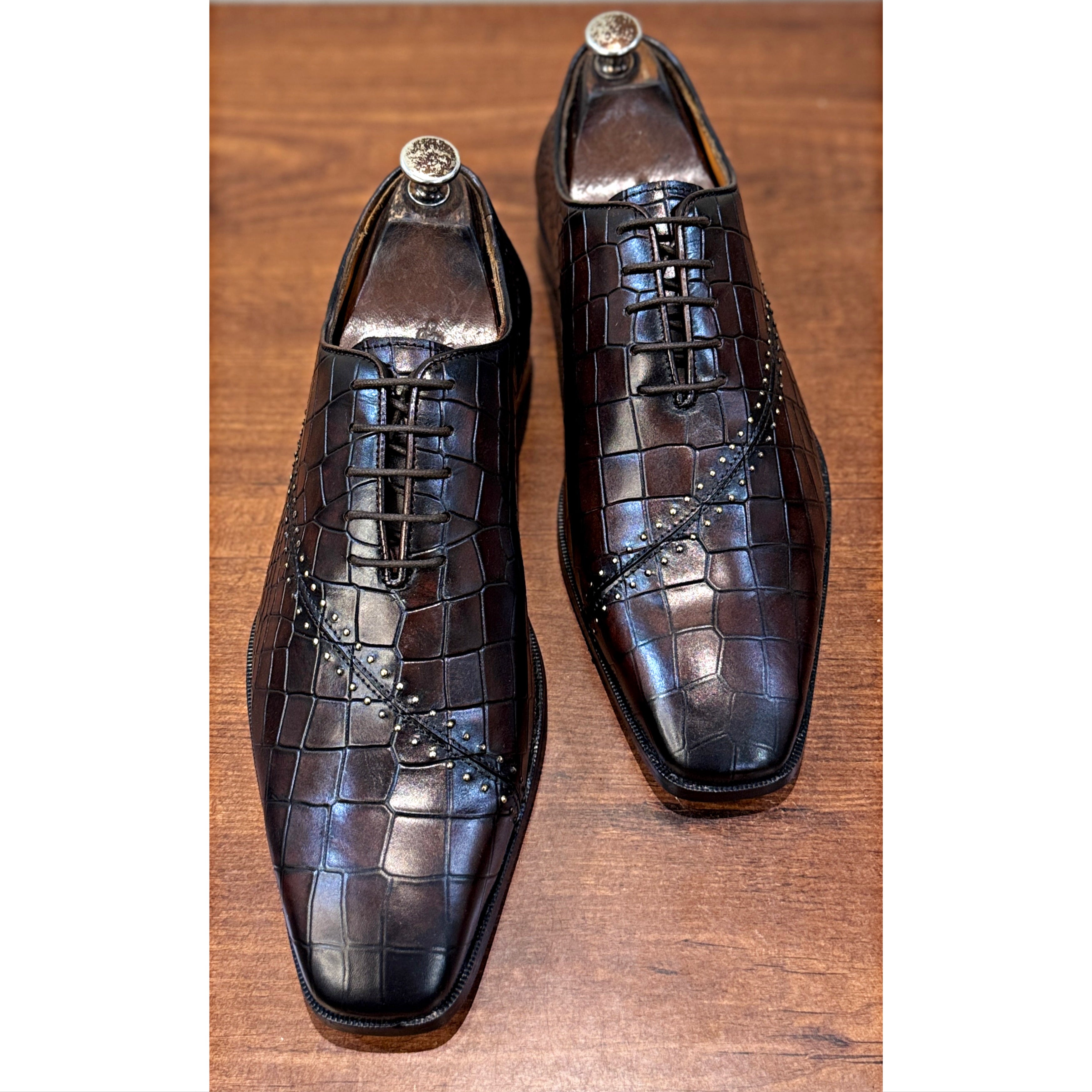 Men’s Luxury Croc-Embossed Leather Oxford Shoes – Handcrafted Dark Brown Formal Dress Shoes