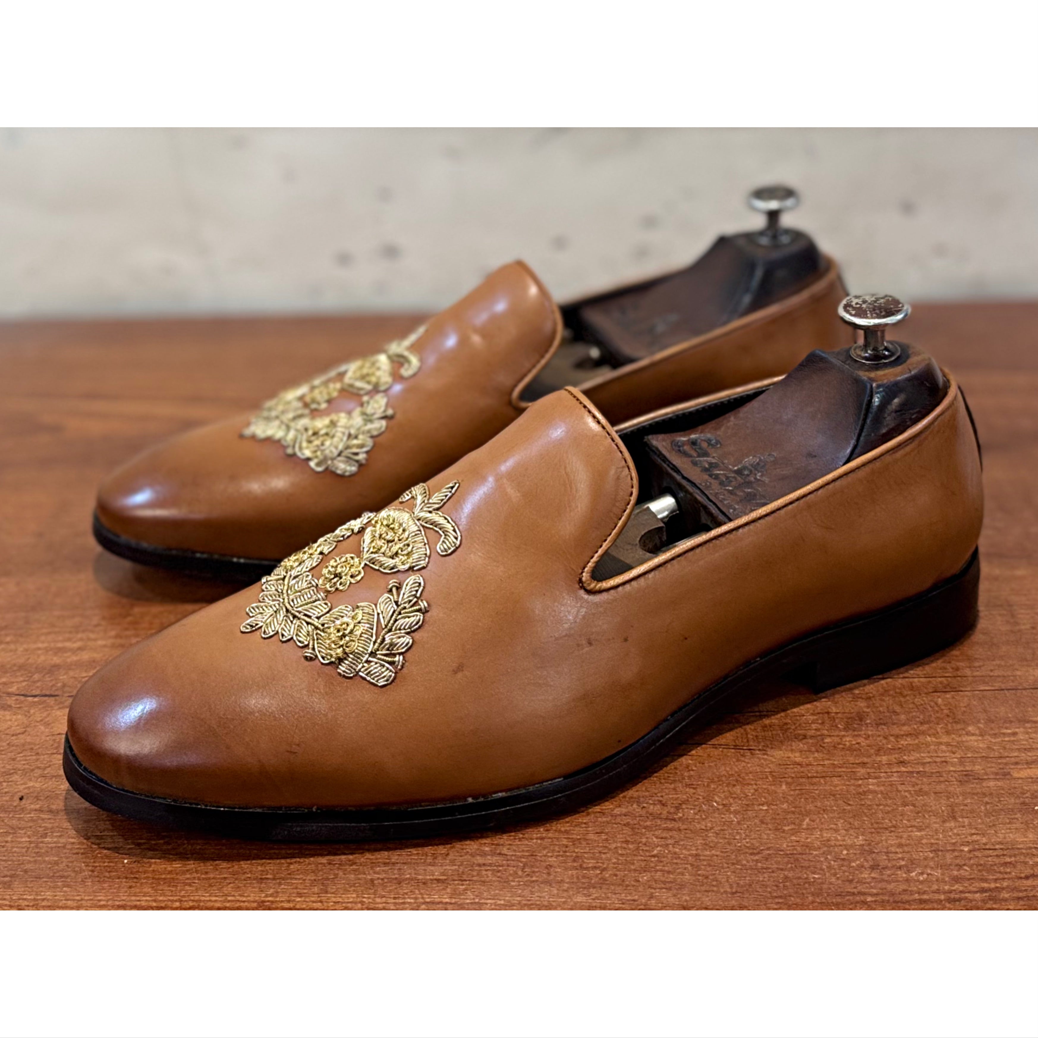 Light Tan Dabka Embroidery Slipon