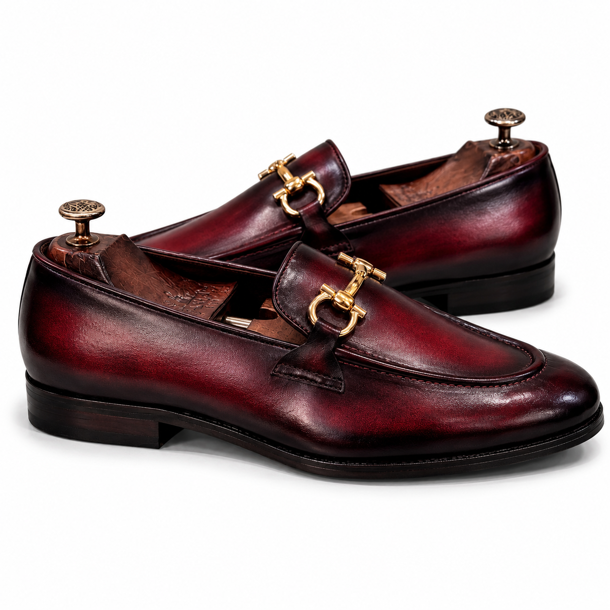 Bordeaux Gold Horsebit Leather Loafers
