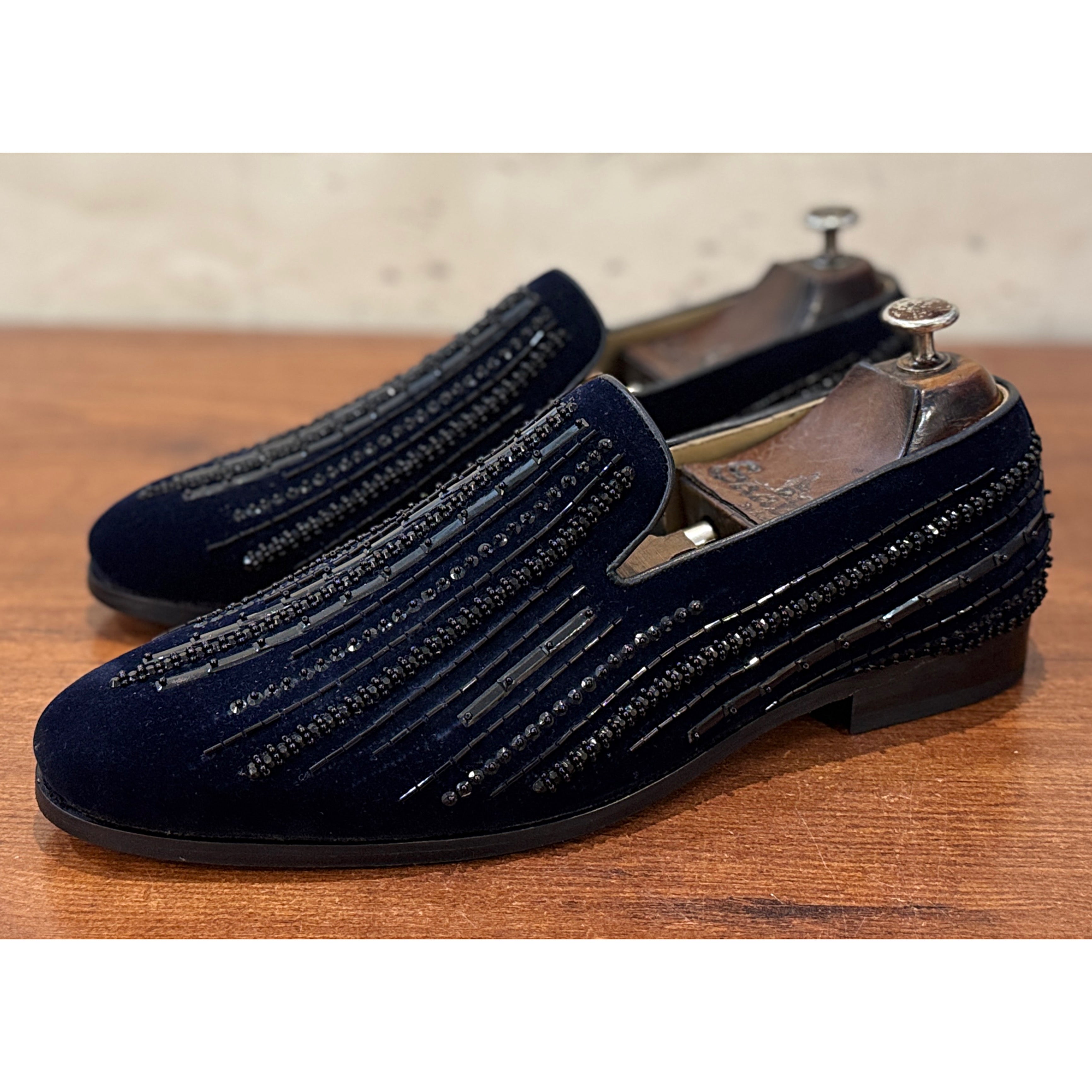 Barone Coal Navy Embroidered Velvet Loafers