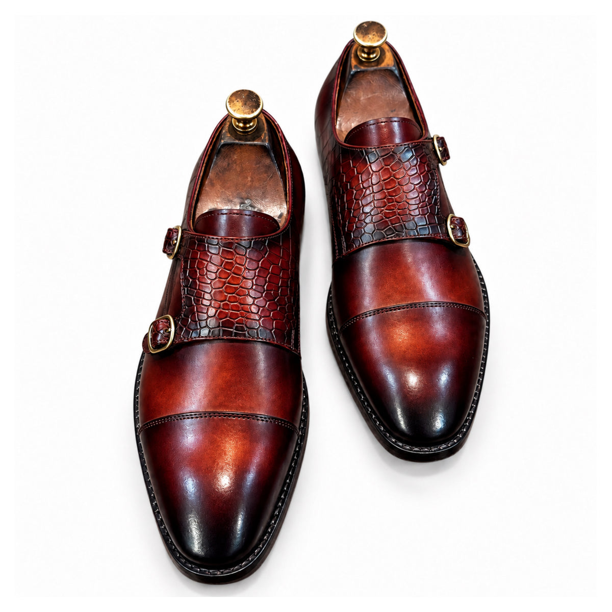 Bordeaux Hand-Patina Double Monk Shoes