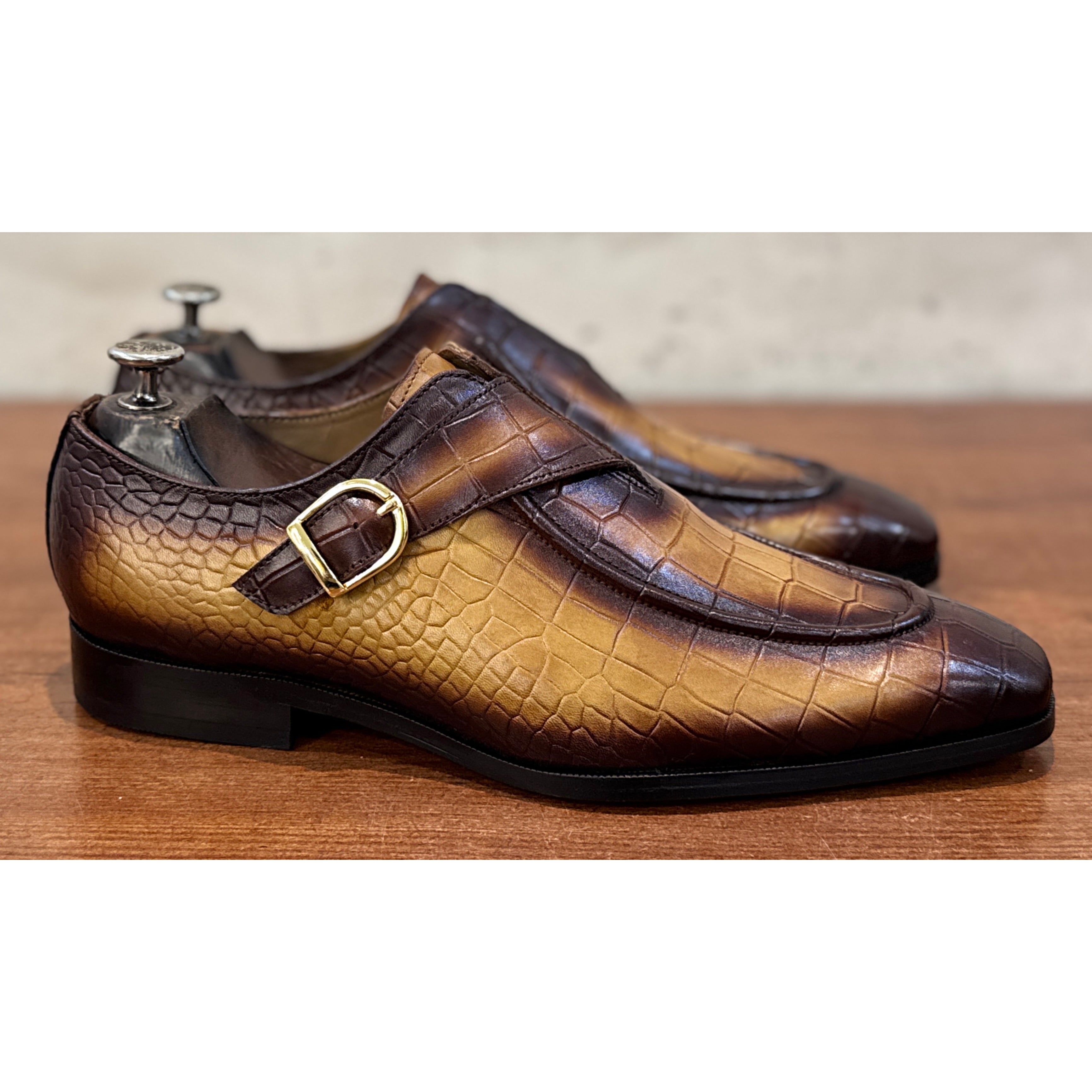 British Pointed Toe Single Monk – Burnished Bronze Croc