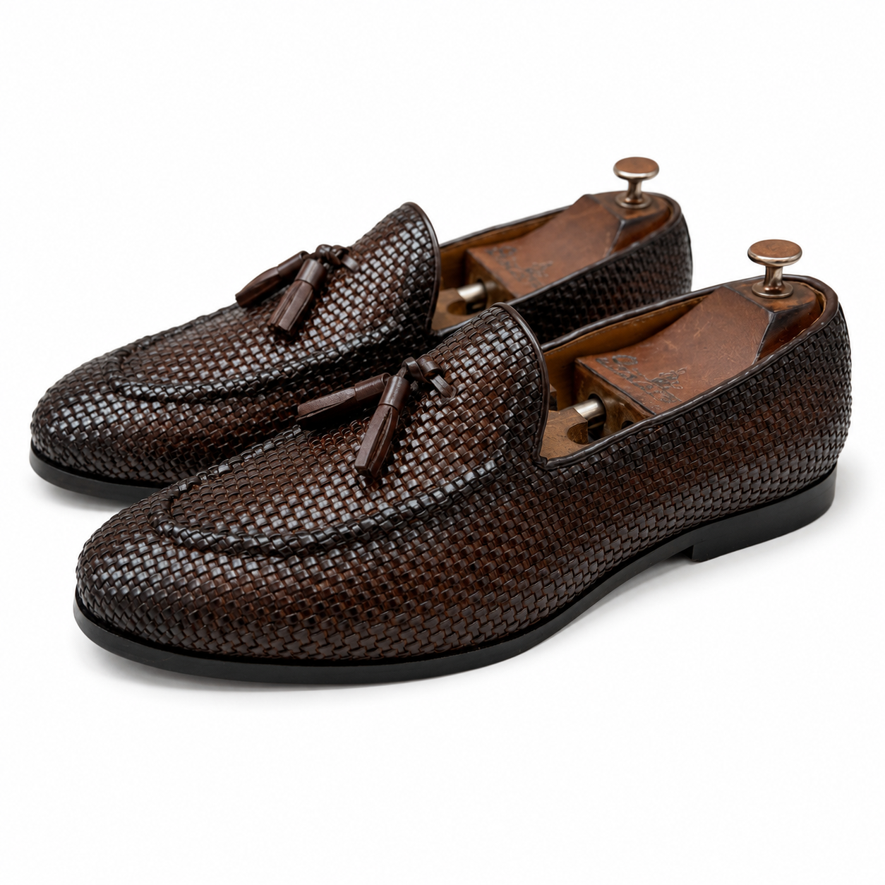 Brown Hand Woven Loafers With Tassels