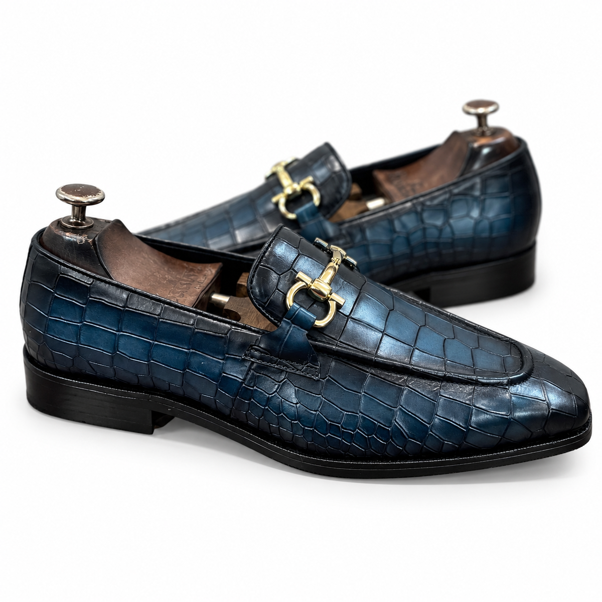 Aurelio Navy Croc Embossed Horsebit Loafers