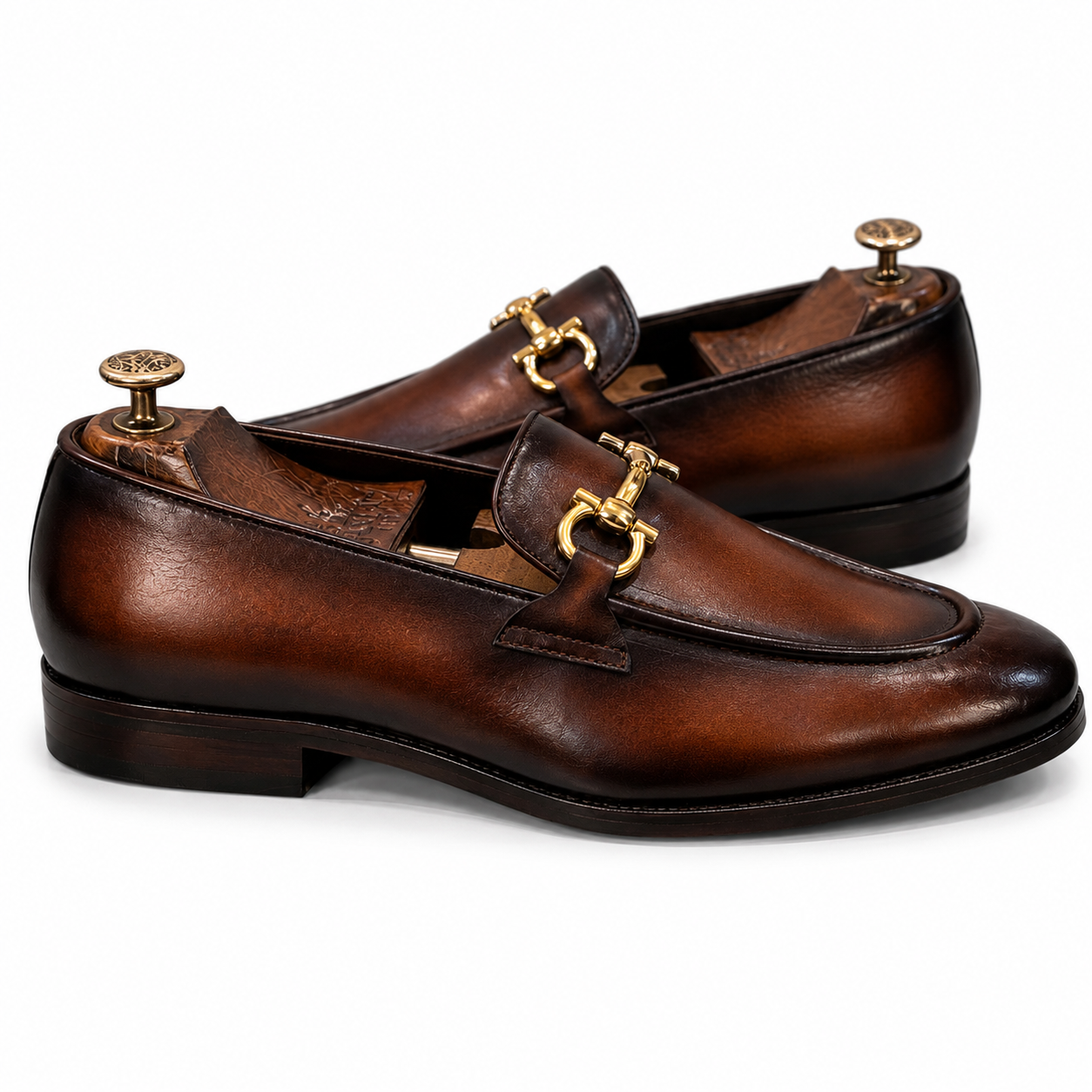 Cognac Gold Horsebit Leather Loafers