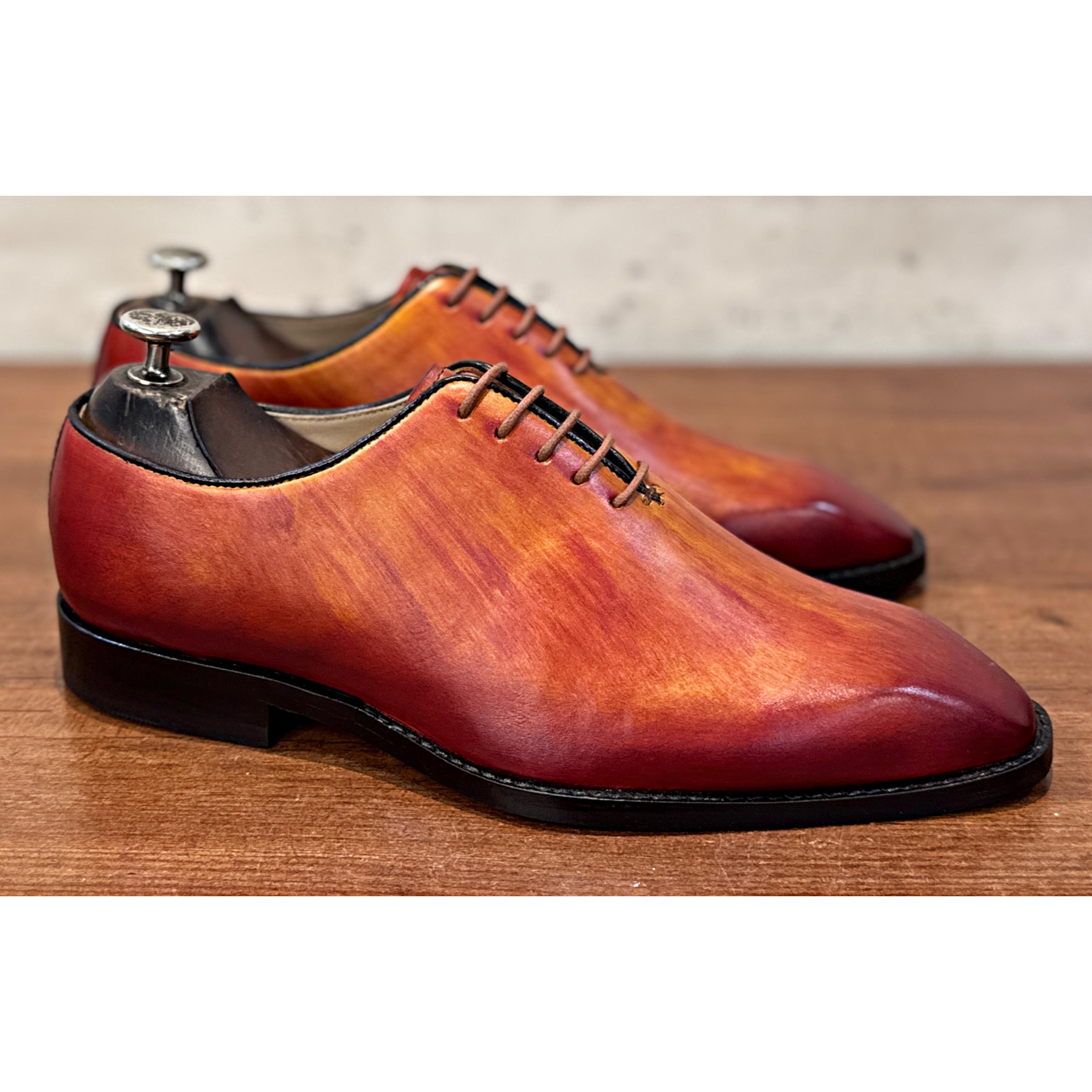Burnished Orange Patina Leather Oxford Shoes – Luxury Hand-Painted Formal Dress Shoes