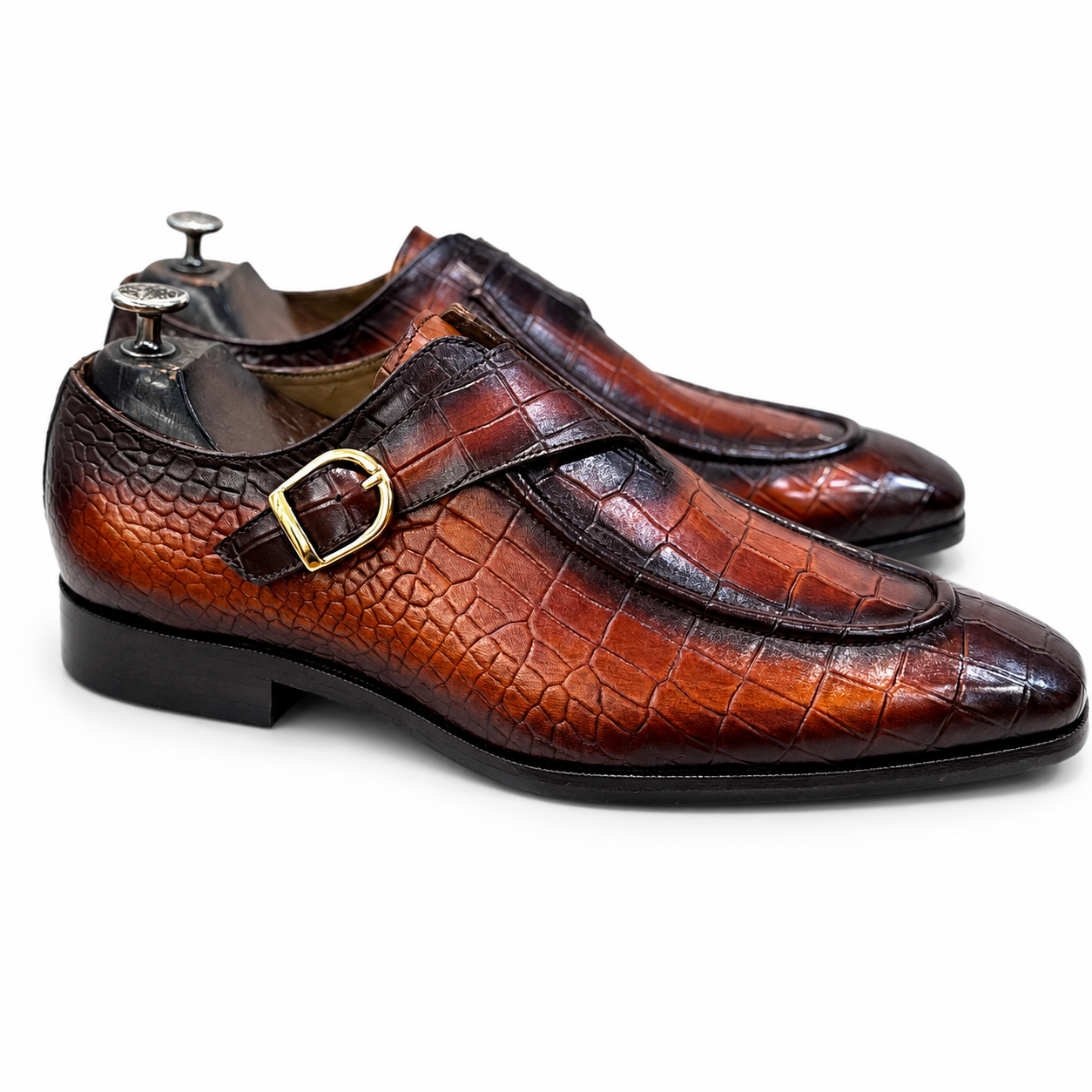 British Croc Patina Single Monk Shoes – Cognac