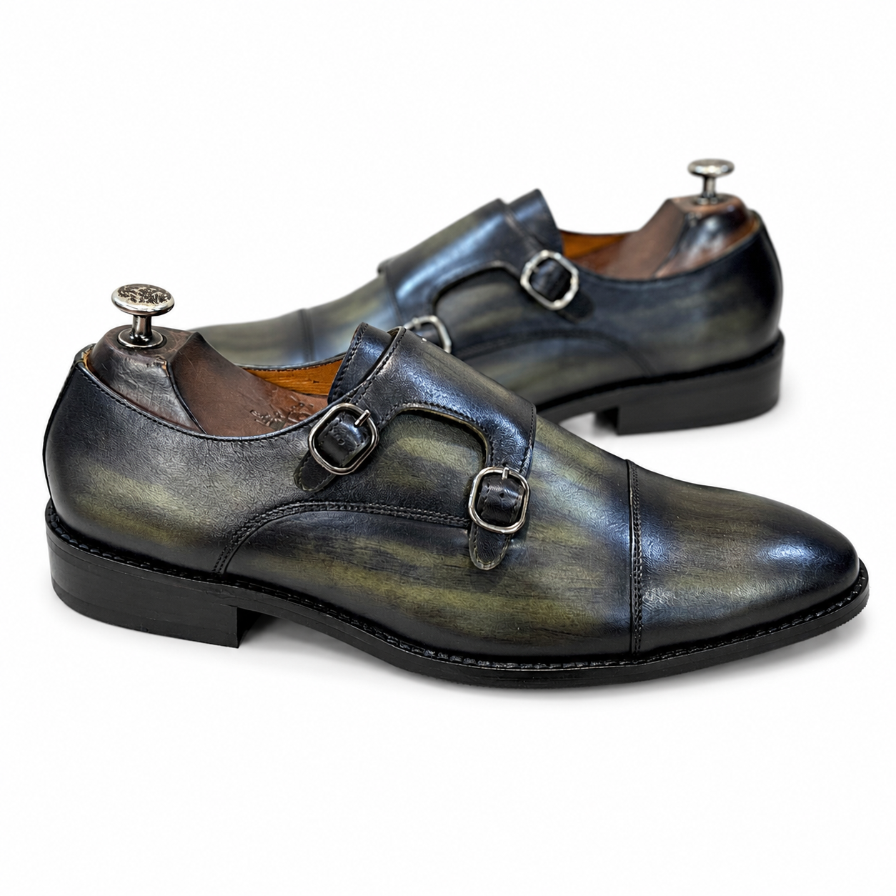 Green Leather Toe Cap Double Monk Straps