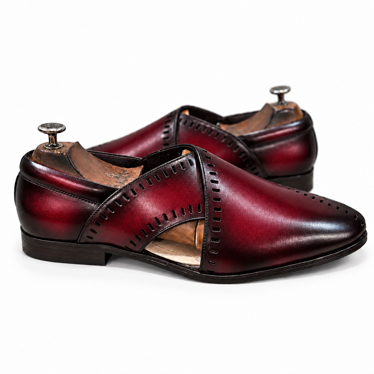 Crimson Nawab — Burgundy Hand-Patina Cut-Out Peshawari