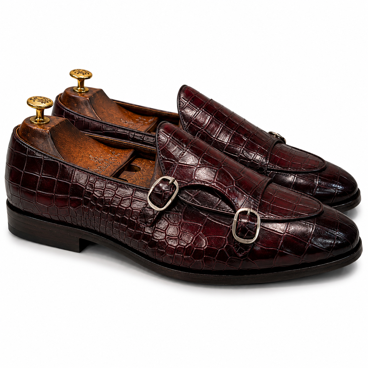 Croc Embossed Double Monk Strap Shoes – Oxblood Burgundy