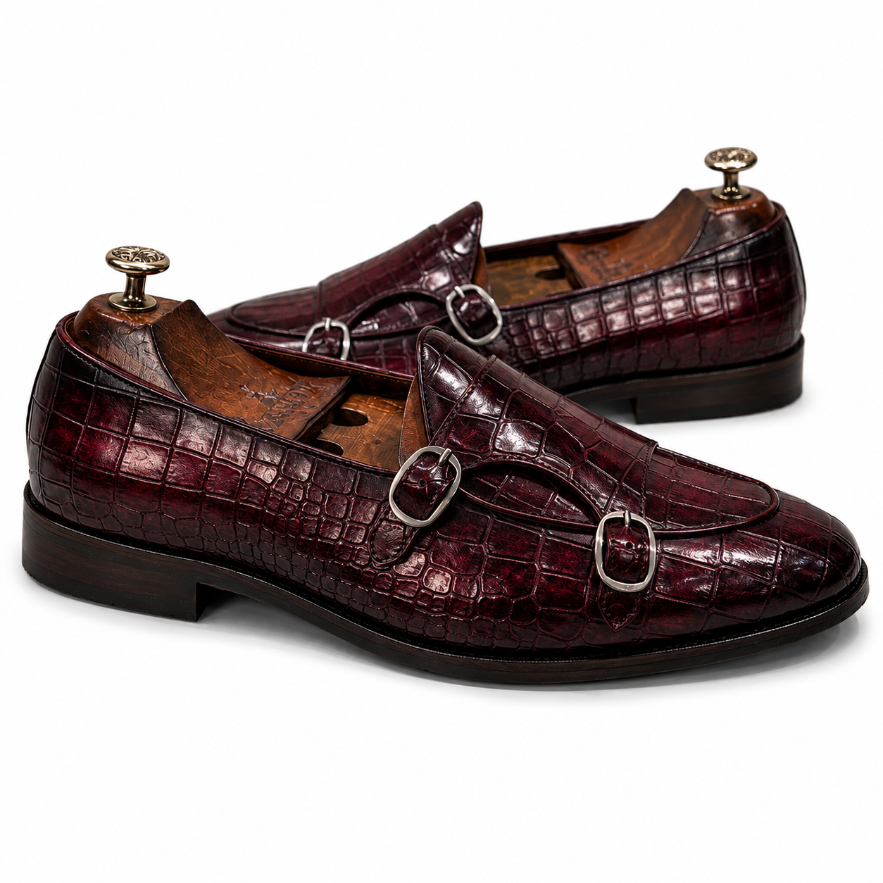 Croc Embossed Double Monk Strap Shoes – Oxblood Burgundy