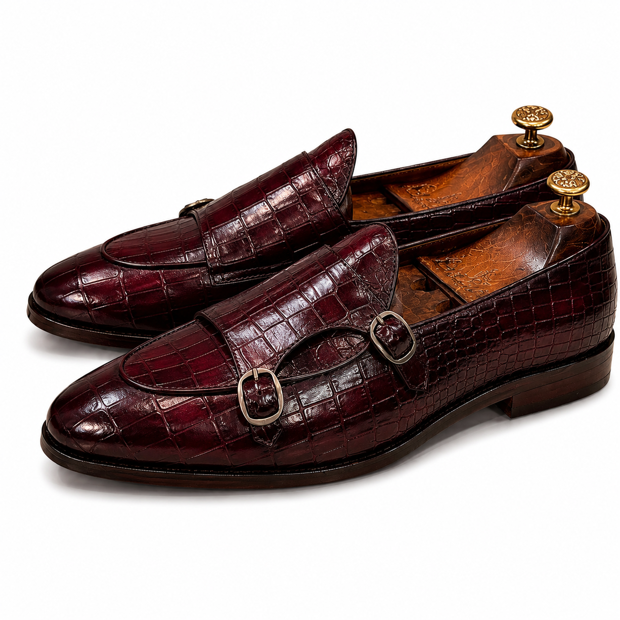 Croc Embossed Double Monk Strap Shoes – Oxblood Burgundy
