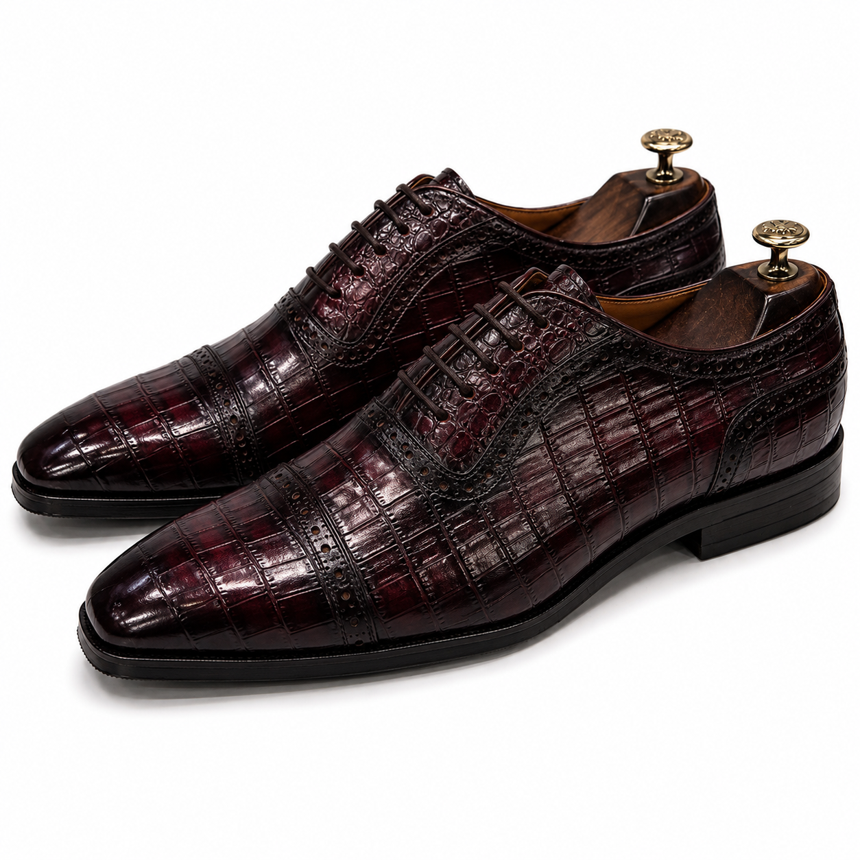 Imperial Burgundy Croc-Embossed Brogue Oxford Shoes