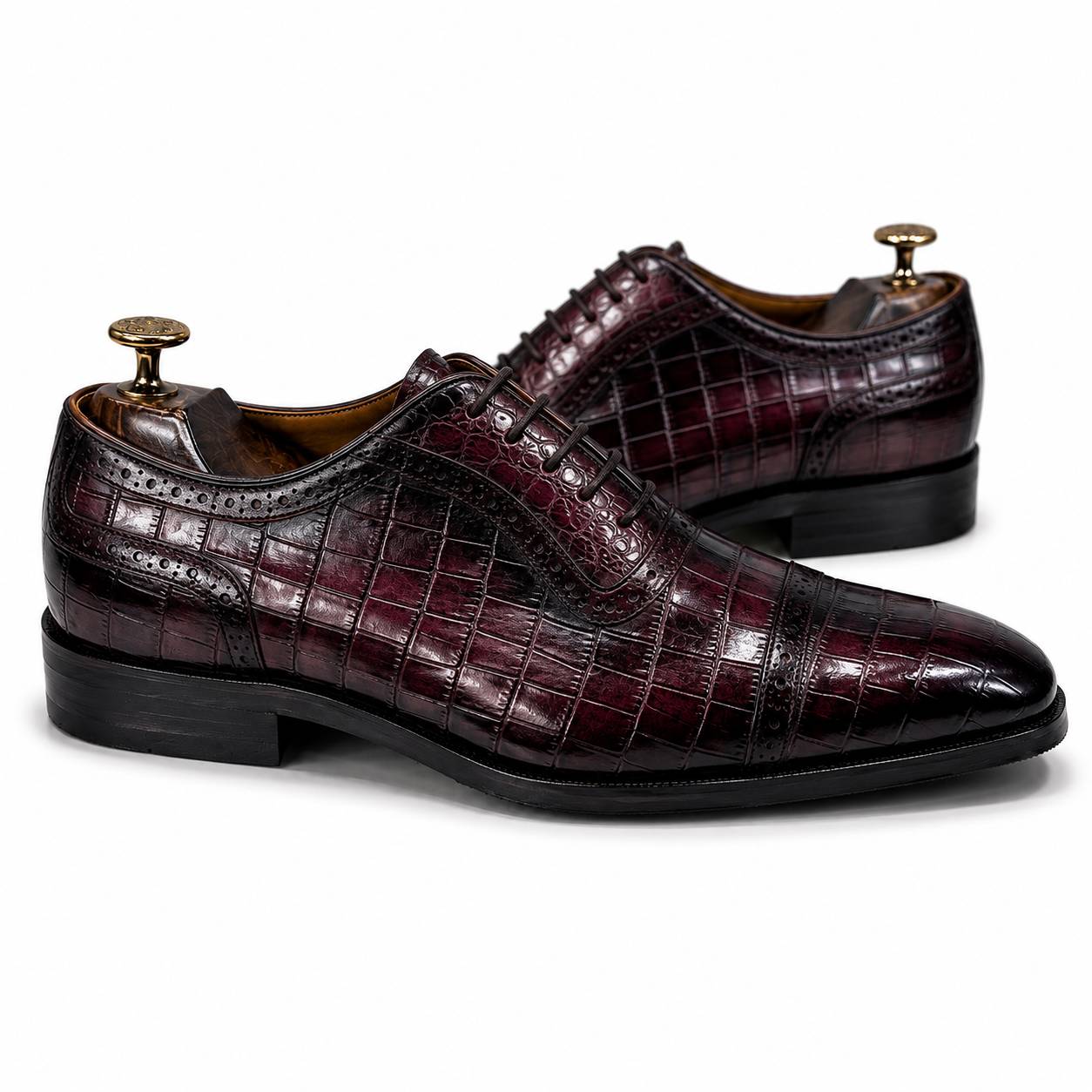 Imperial Burgundy Croc-Embossed Brogue Oxford Shoes