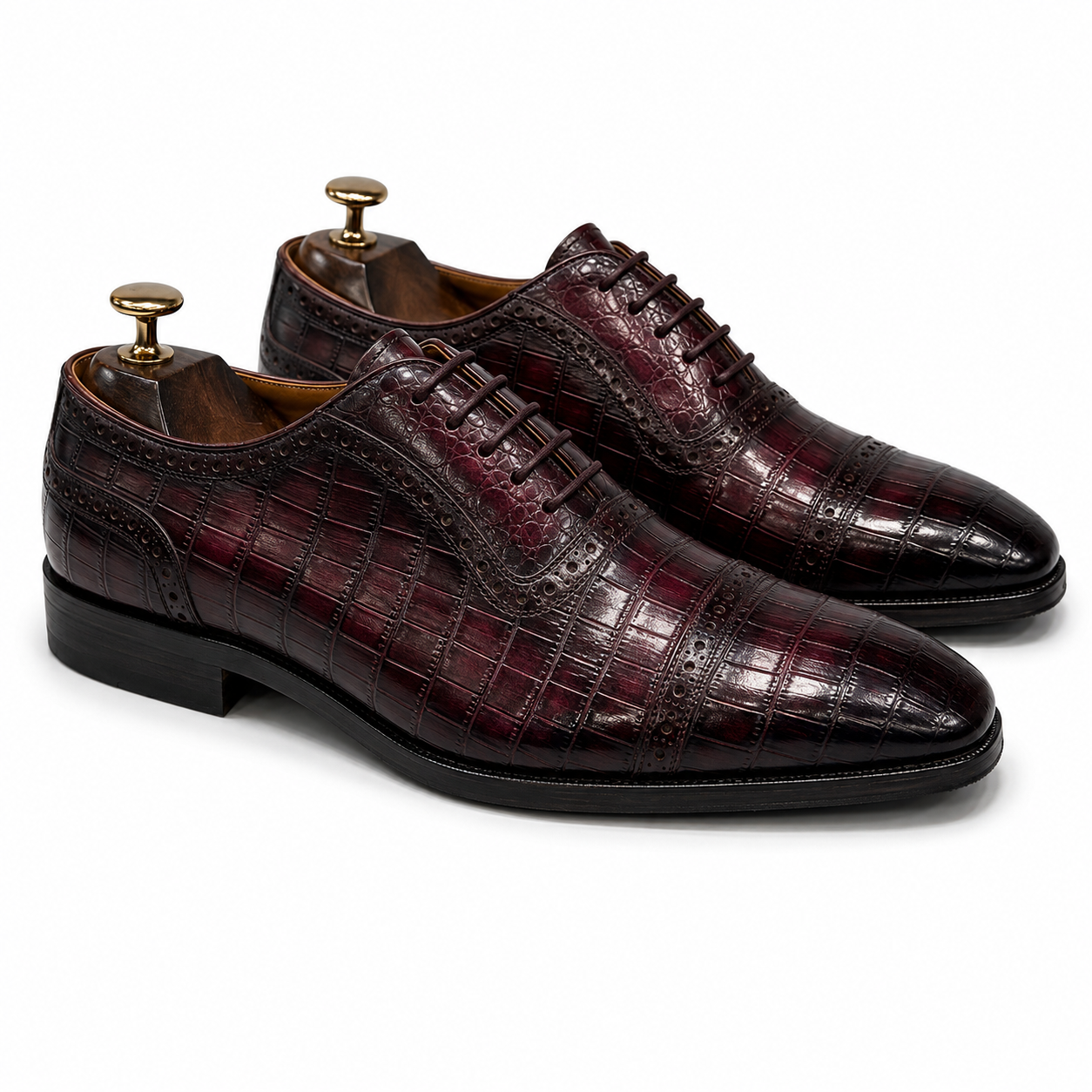 Imperial Burgundy Croc-Embossed Brogue Oxford Shoes