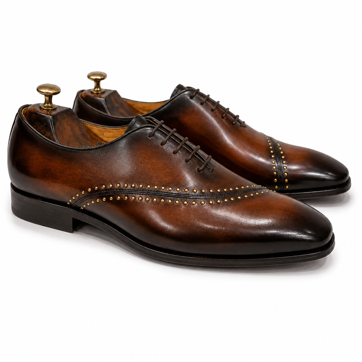 Royal Cognac Studded Hand Patina Oxford Shoes