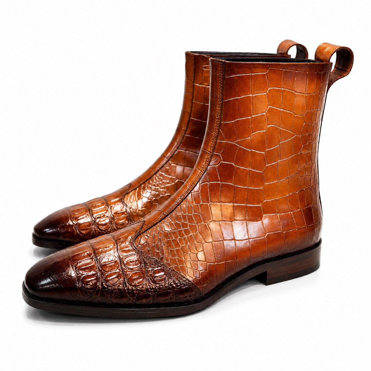 Cognac Burnished Croc-Embossed Leather Chelsea Boots
