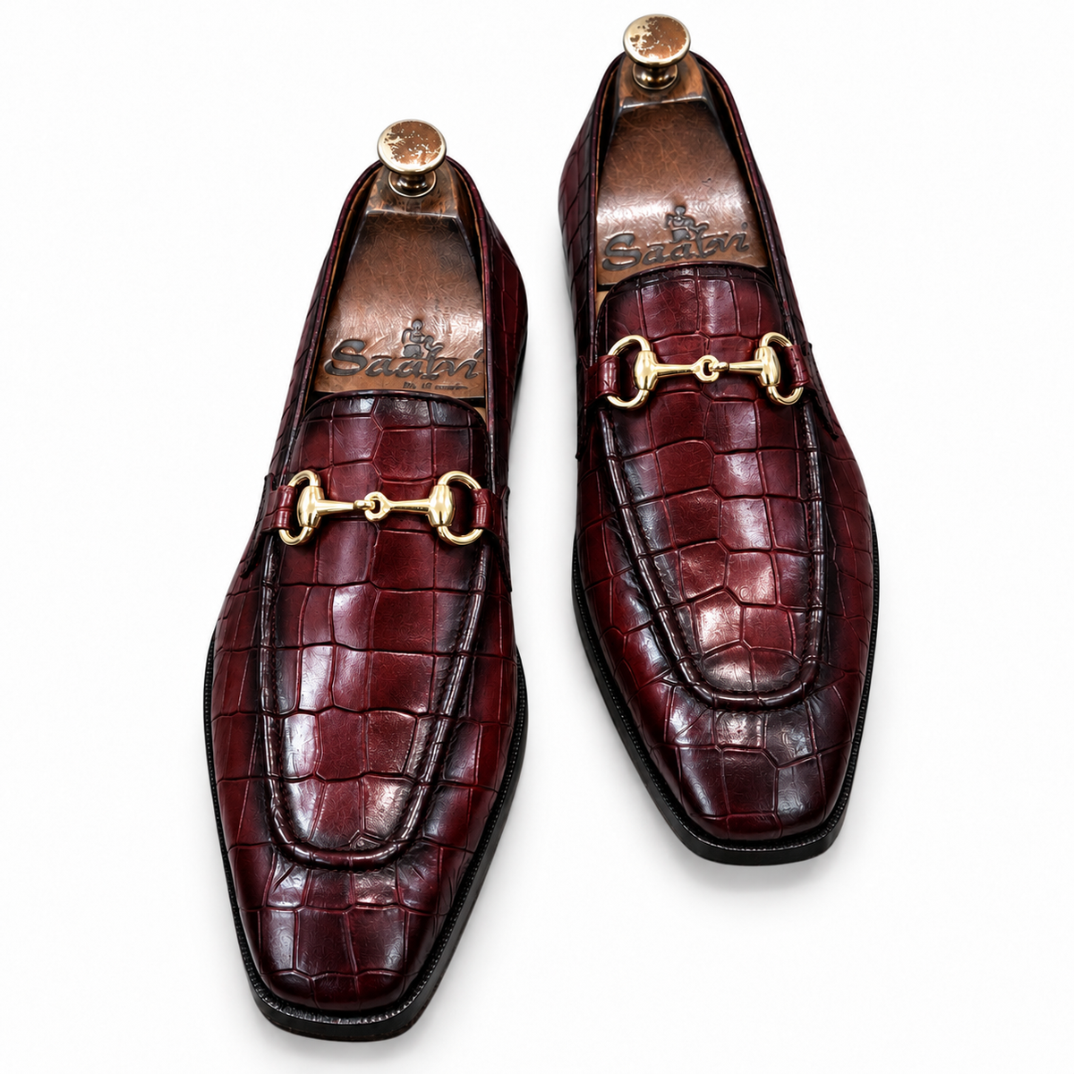 Burgundy Croc Gold Horsebit Loafers