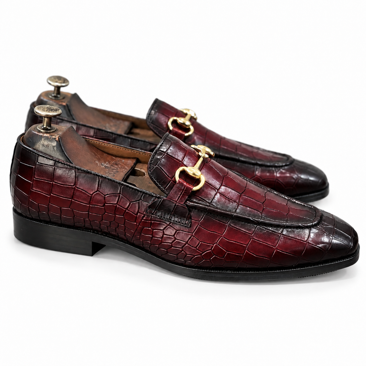 Burgundy Croc Gold Horsebit Loafers