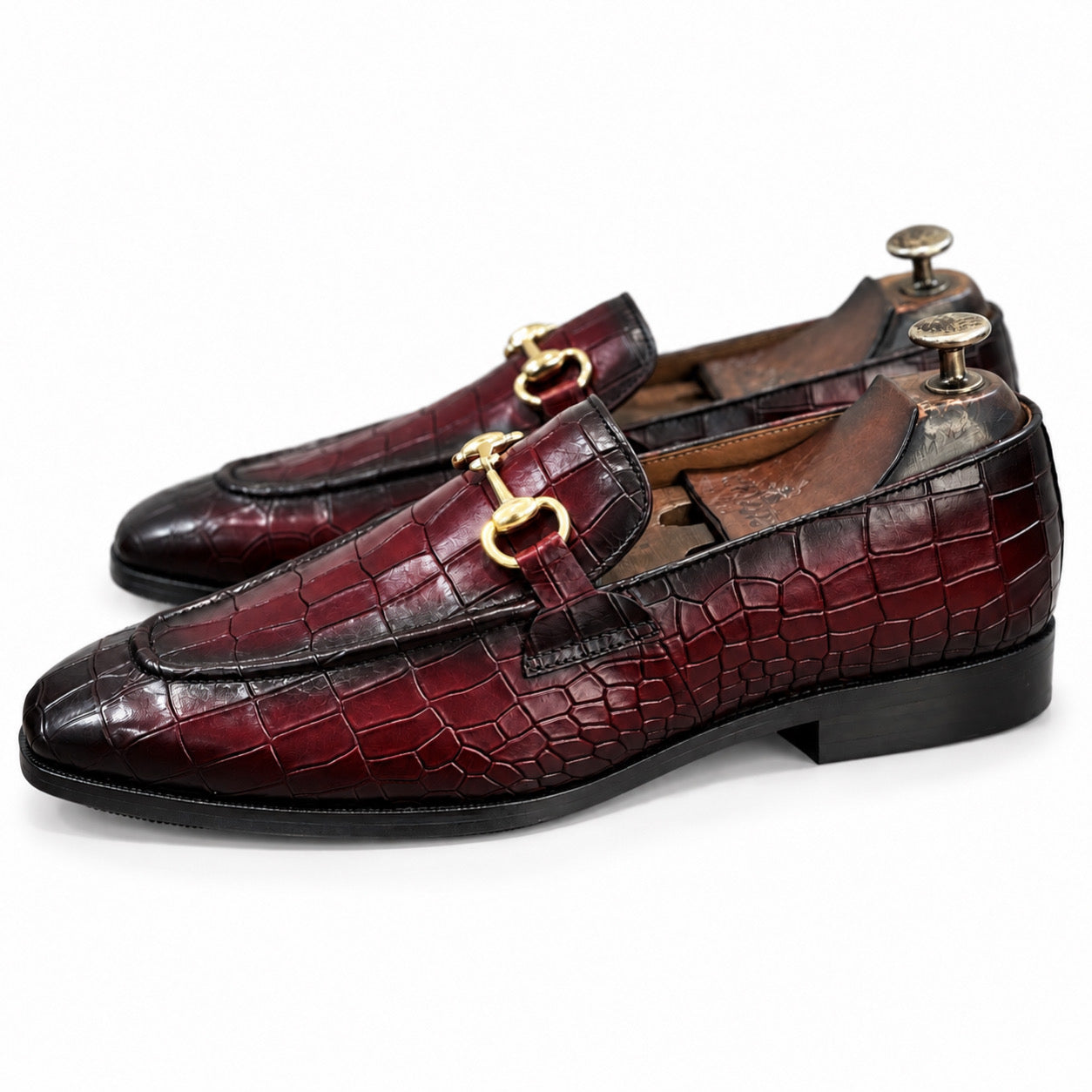 Burgundy Croc Gold Horsebit Loafers