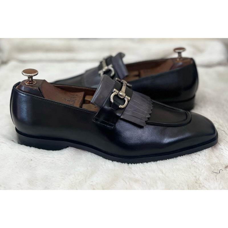 Black Loafers With Grey Fringes