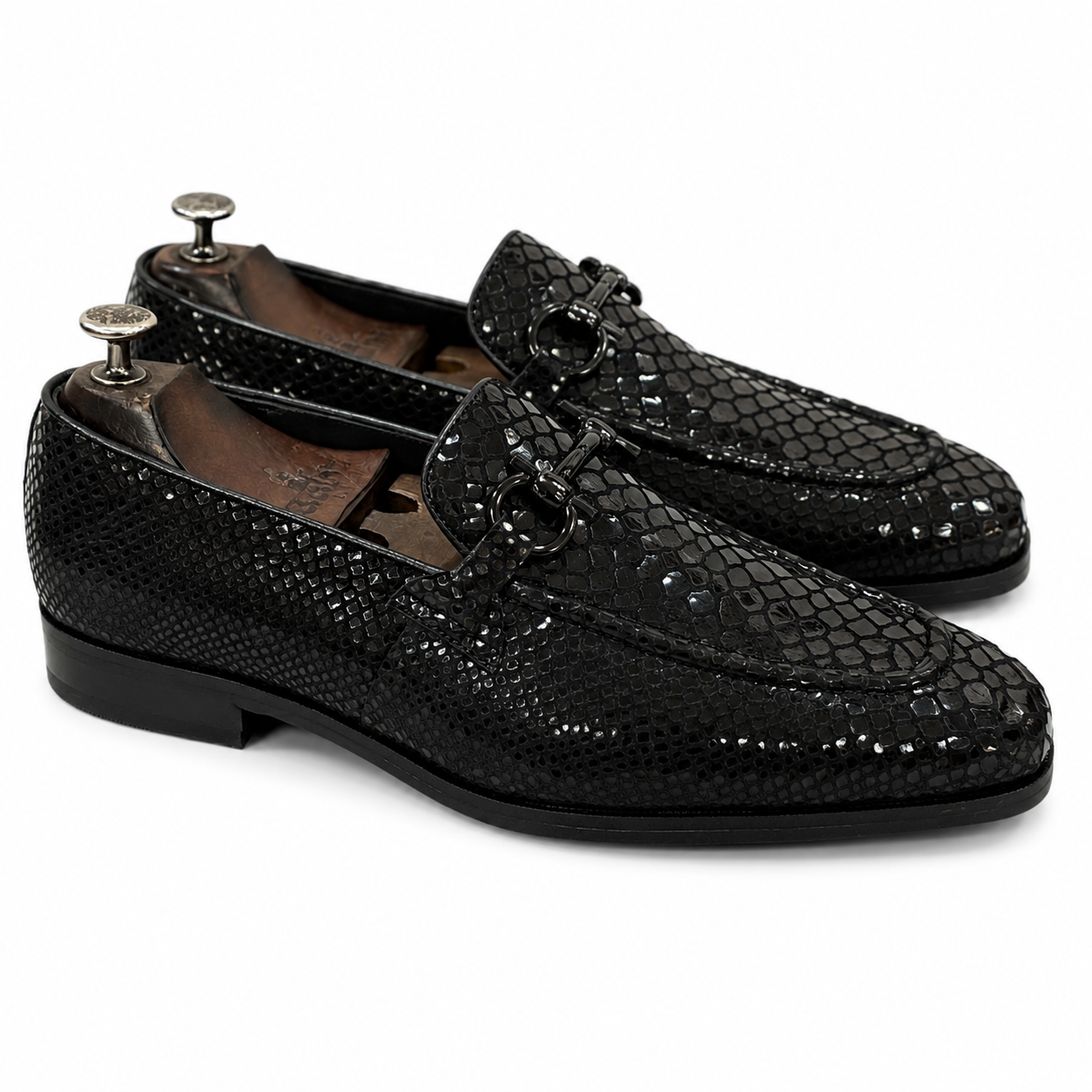 Black Snake Foil Loafers Black Buckle
