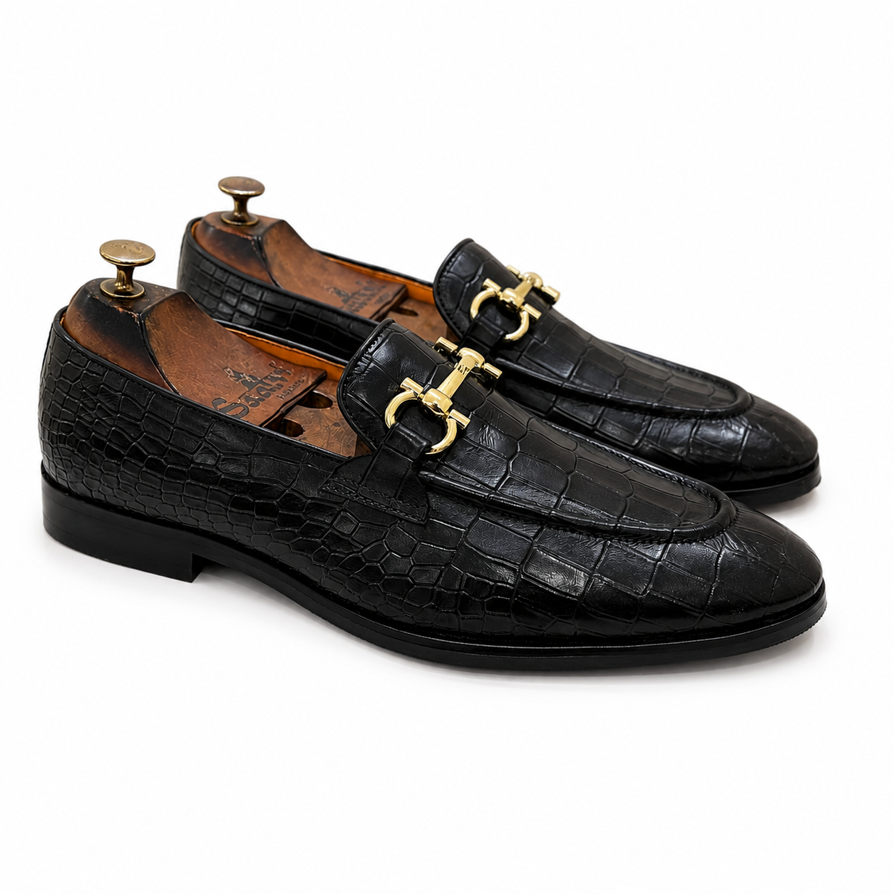 Noir Sovereign Croc Horsebit Loafers