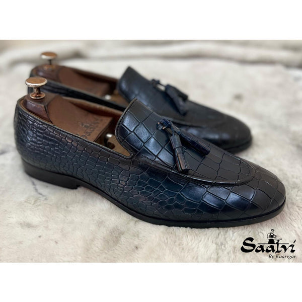 Blue Croco Loafers With Tassels