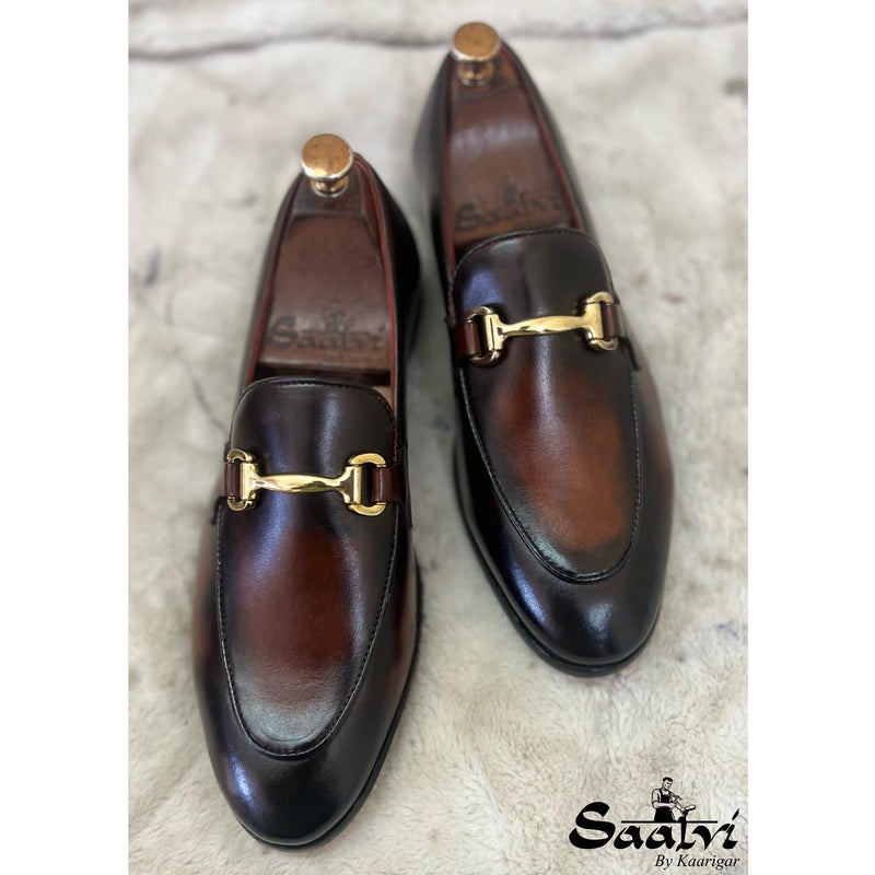 Brown Hand Finished Loafers With Buckle