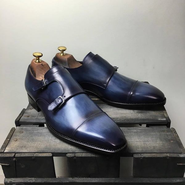 Navy Blue Leather Monk Straps