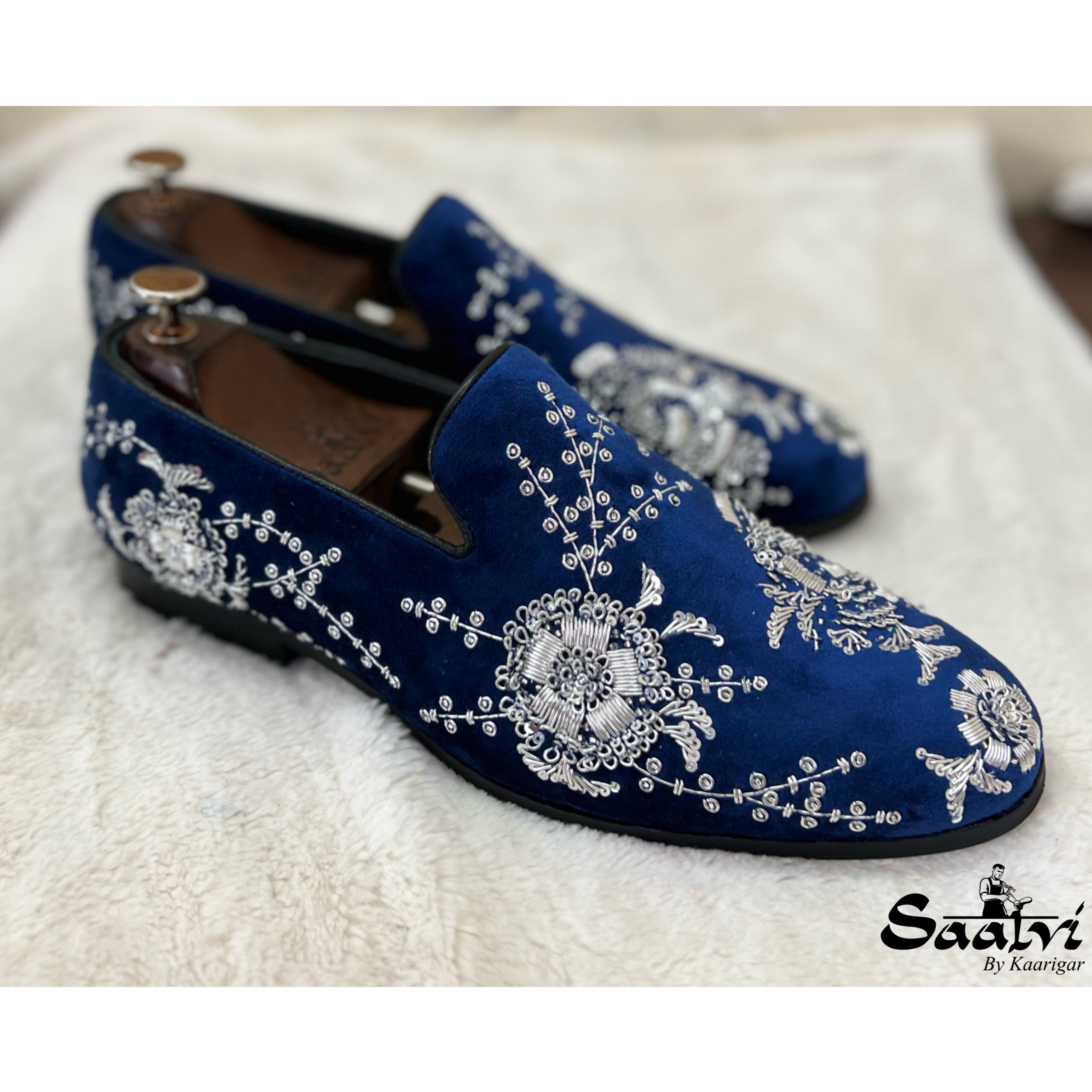 Blue Velvet Silver Zardosi Embroidery Slip-ons