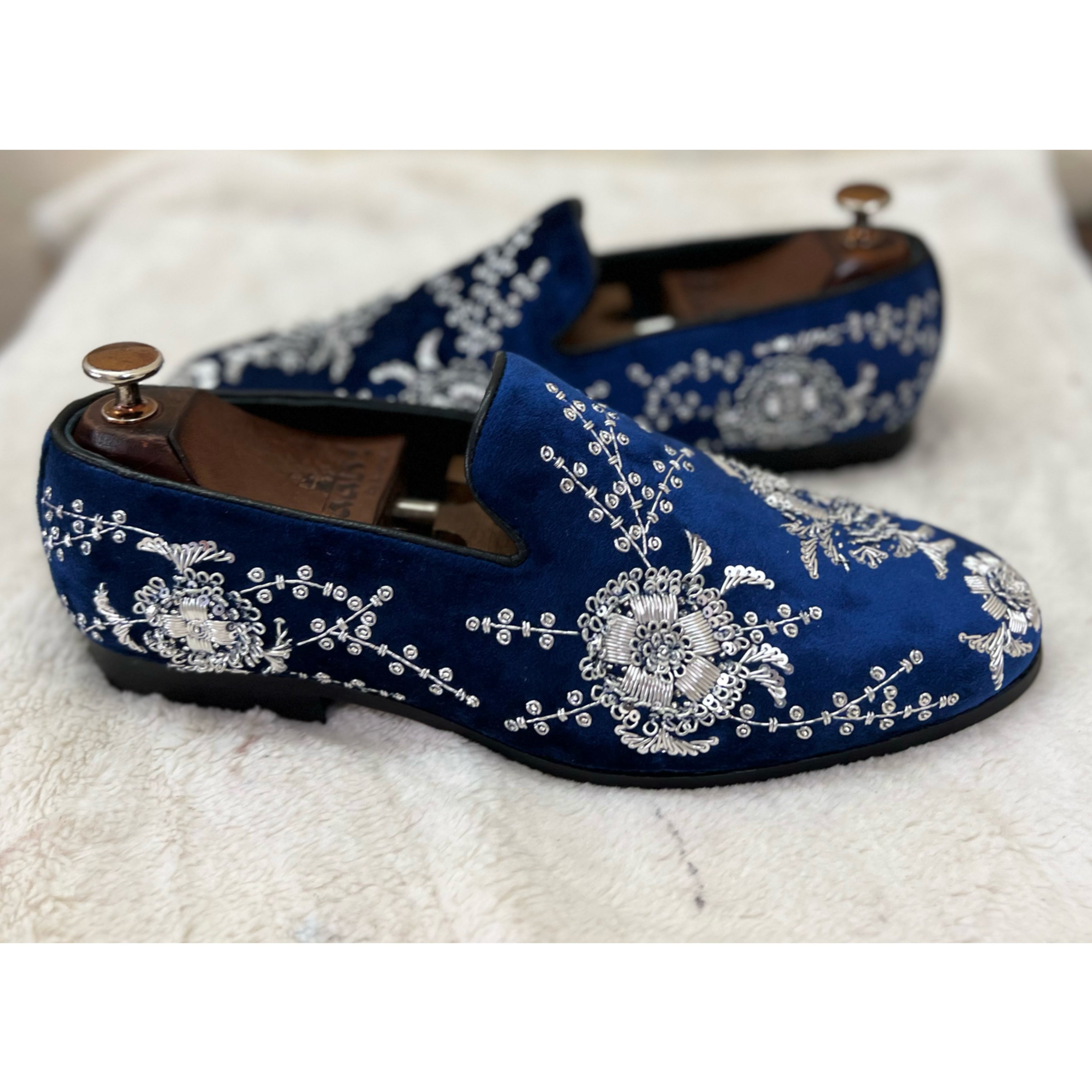 Blue Velvet Silver Zardosi Embroidery Slip-ons