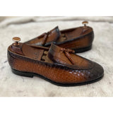 Tan Burnish Croco Loafers With Tassels