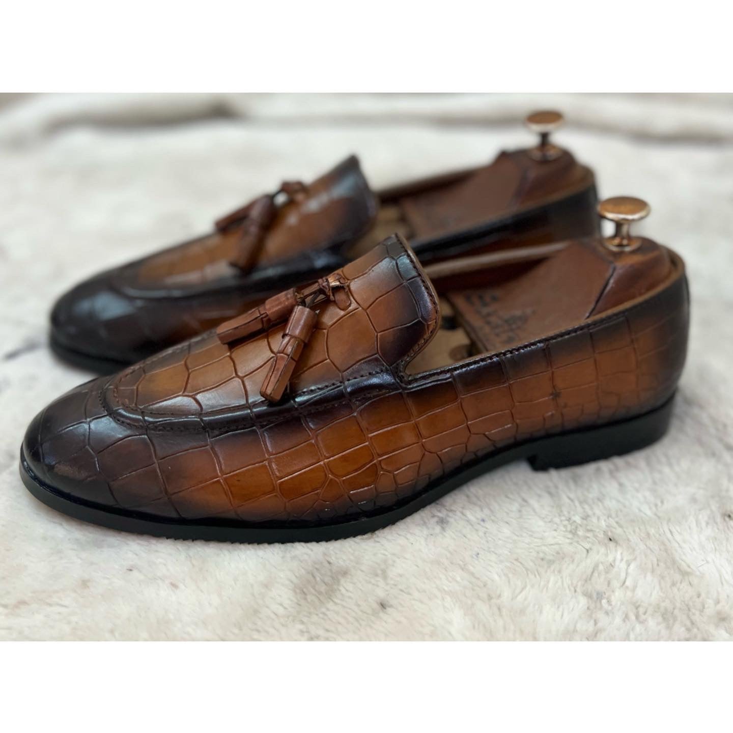 Tan Burnish Croco Loafers With Tassels