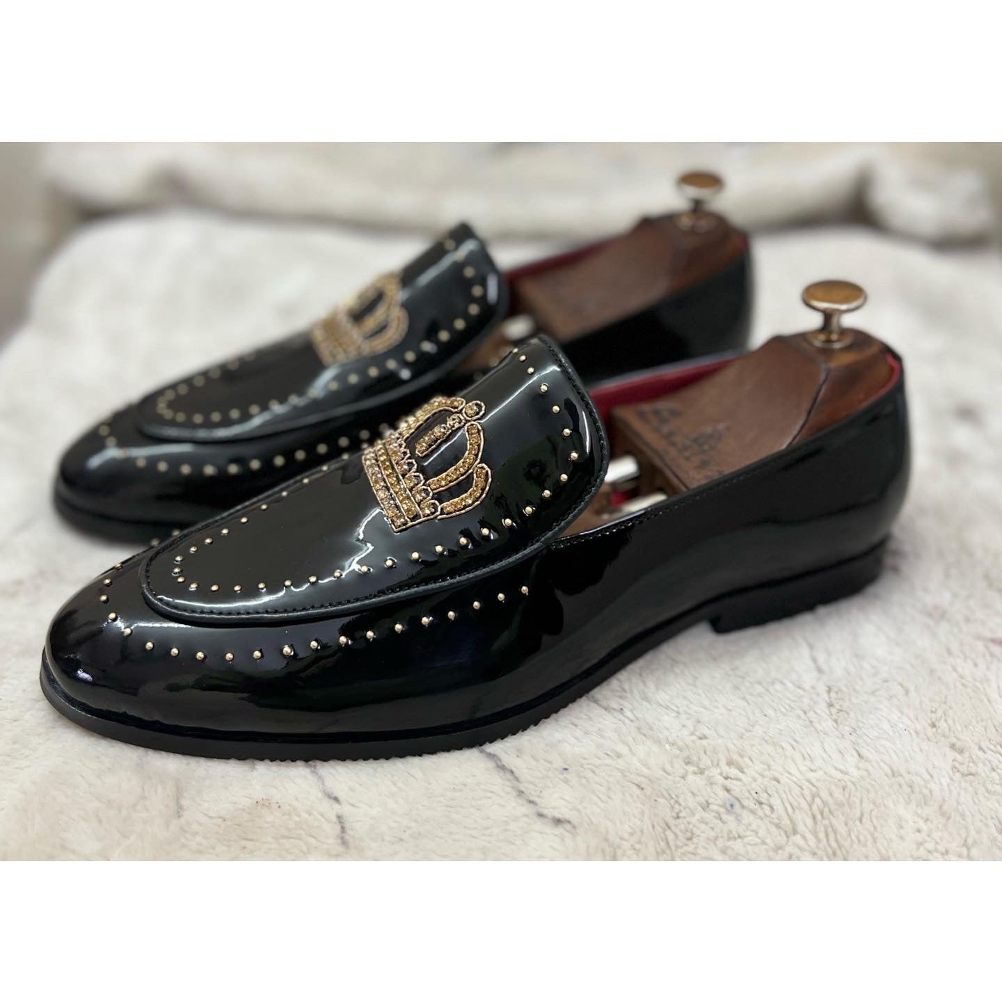 Black Patent Crown Zardosi Slip-Ons