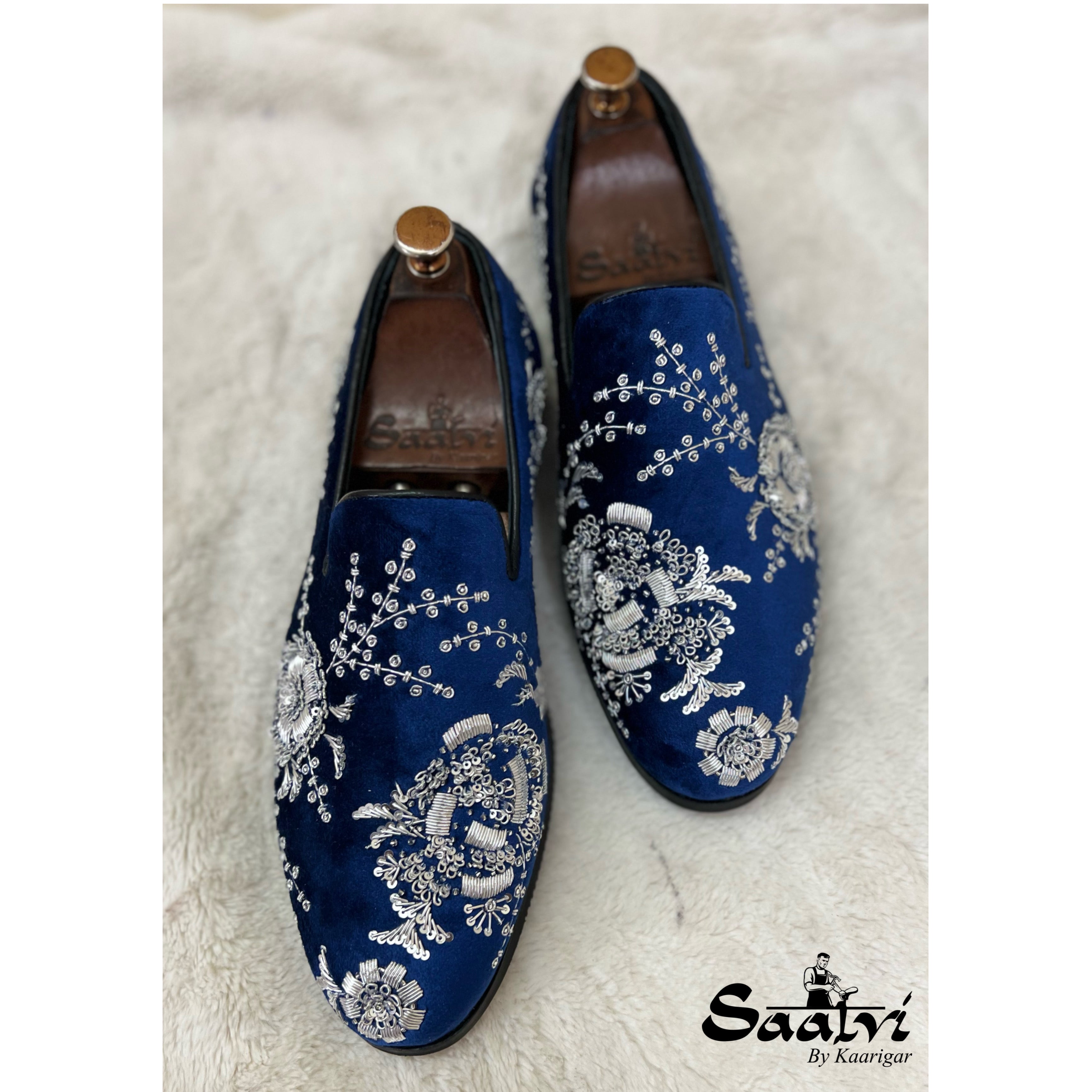 Blue Velvet Silver Zardosi Embroidery Slip-ons