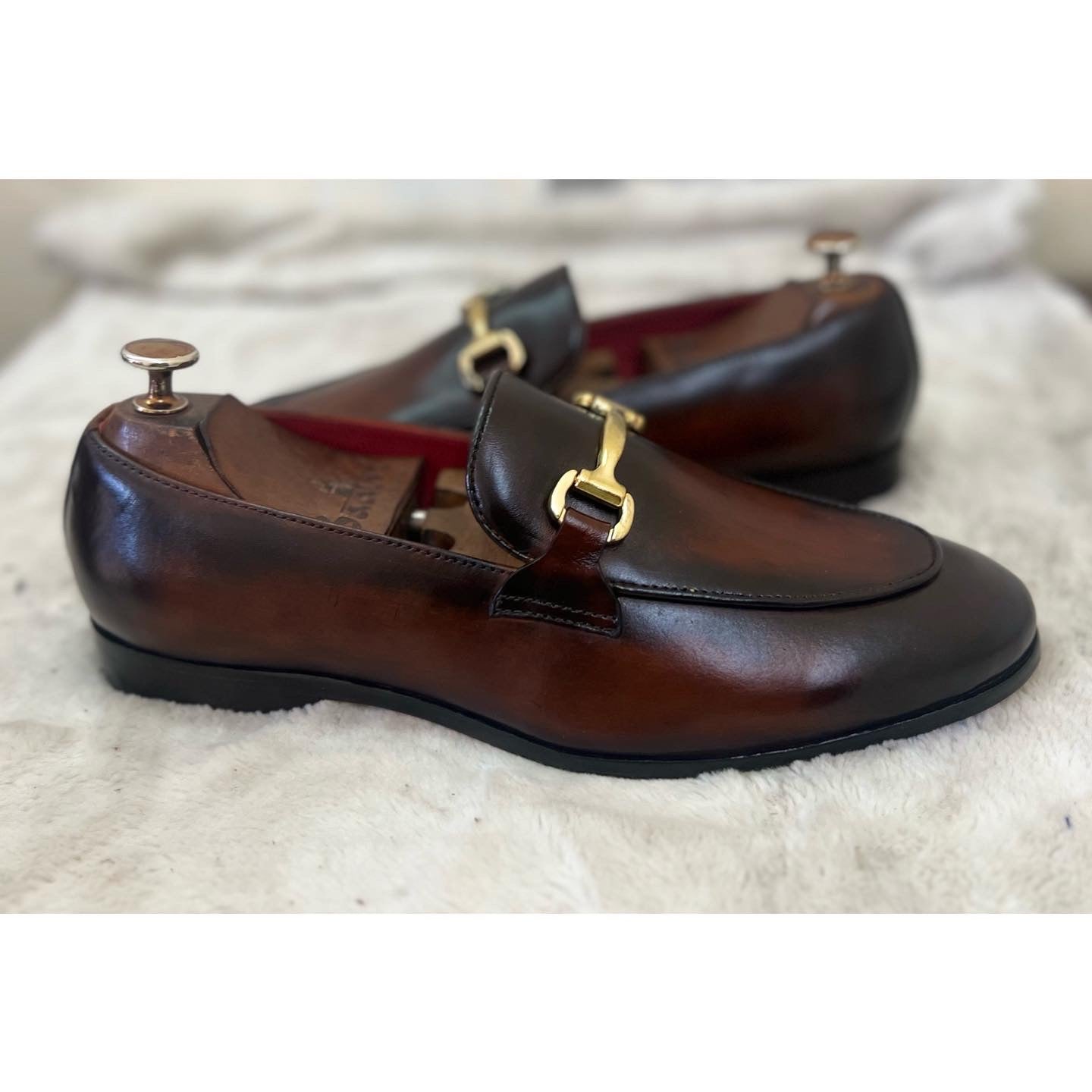 Brown Hand Finished Loafers With Buckle