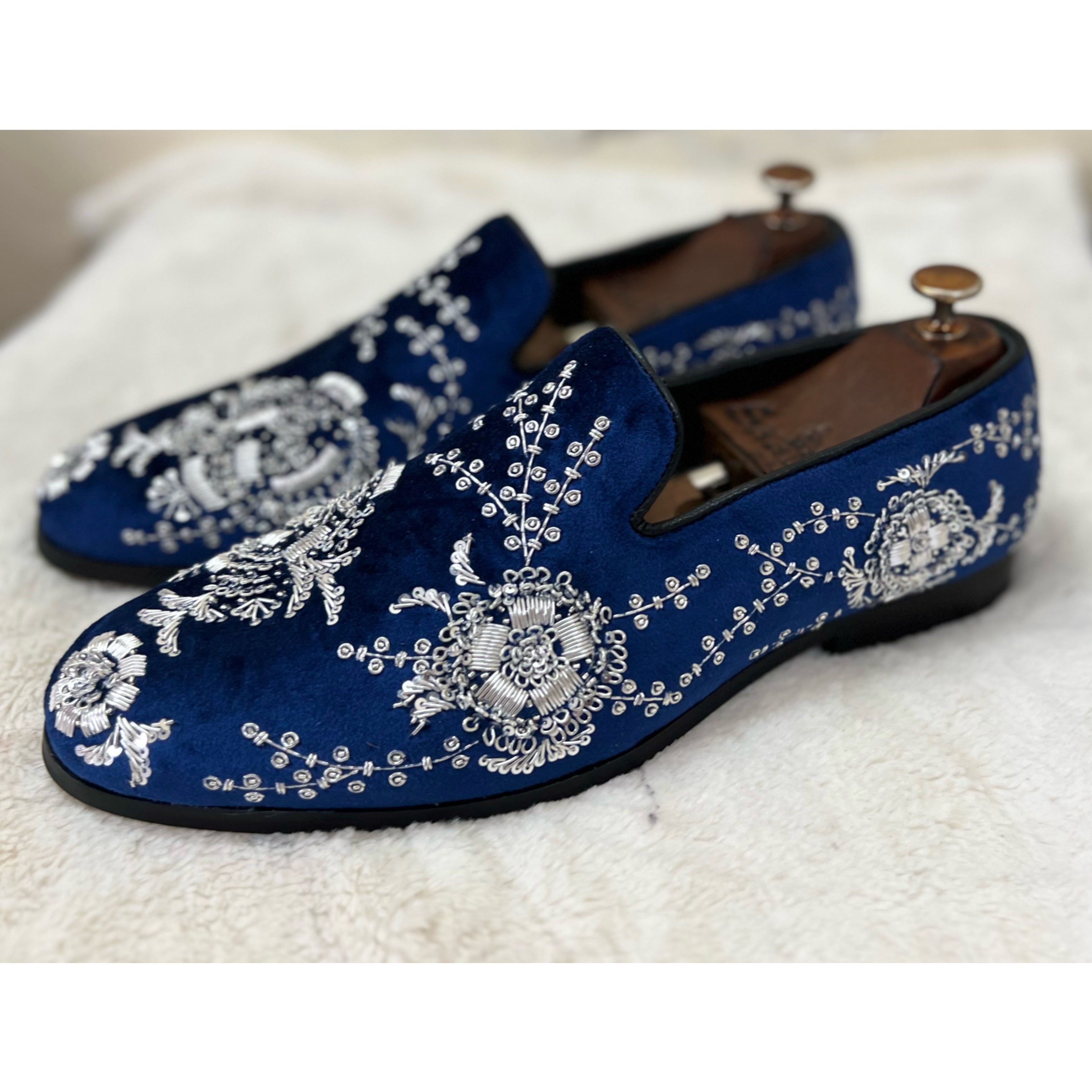 Blue Velvet Silver Zardosi Embroidery Slip-ons