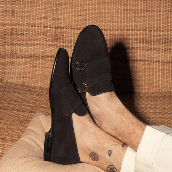 Black Suede Monk Strap Loafers