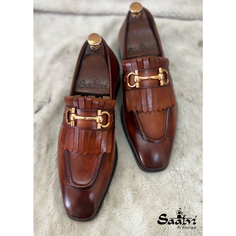 Horsebit Loafers With Fringes Tan