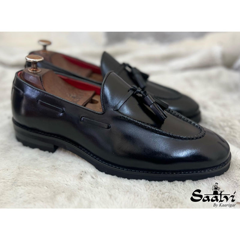 Black Leather Chunky Tassel Loafers