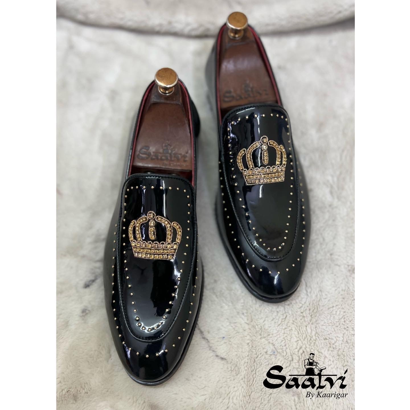 Black Patent Crown Zardosi Slip-Ons